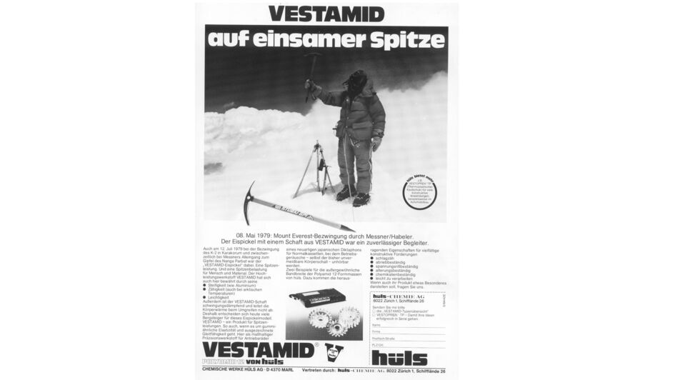 Advertisement of Chemische Werke Hüls AG, Marl plant for VESTAMID®, Mont Everest, R. Messner, 1979
